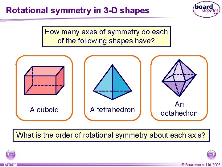 Rotational symmetry in 3 -D shapes How many axes of symmetry do each of
