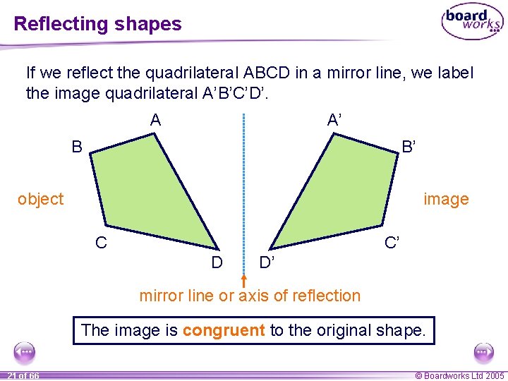 Reflecting shapes If we reflect the quadrilateral ABCD in a mirror line, we label
