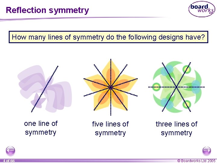 Reflection symmetry How many lines of symmetry do the following designs have? one line