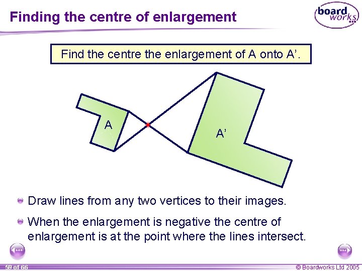 Finding the centre of enlargement Find the centre the enlargement of A onto A’.