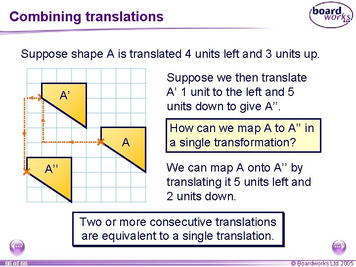 Combining translations Suppose shape A is translated 4 units left and 3 units up.