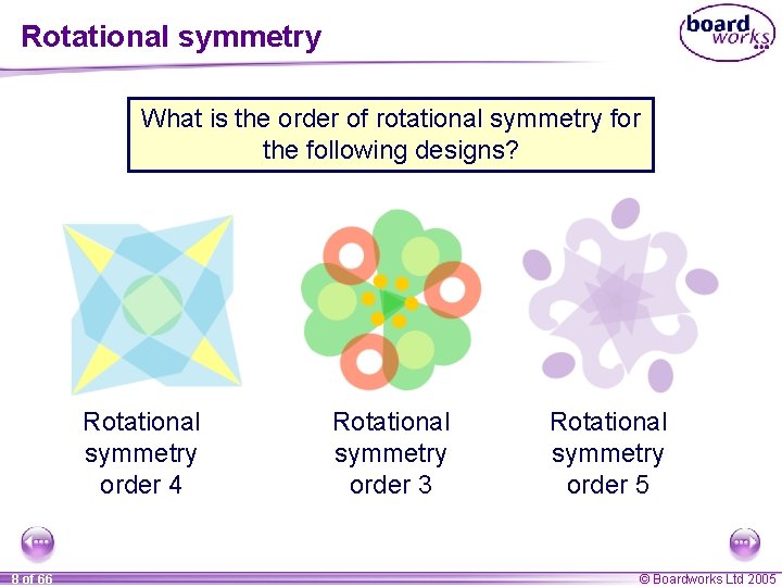 Rotational symmetry What is the order of rotational symmetry for the following designs? Rotational
