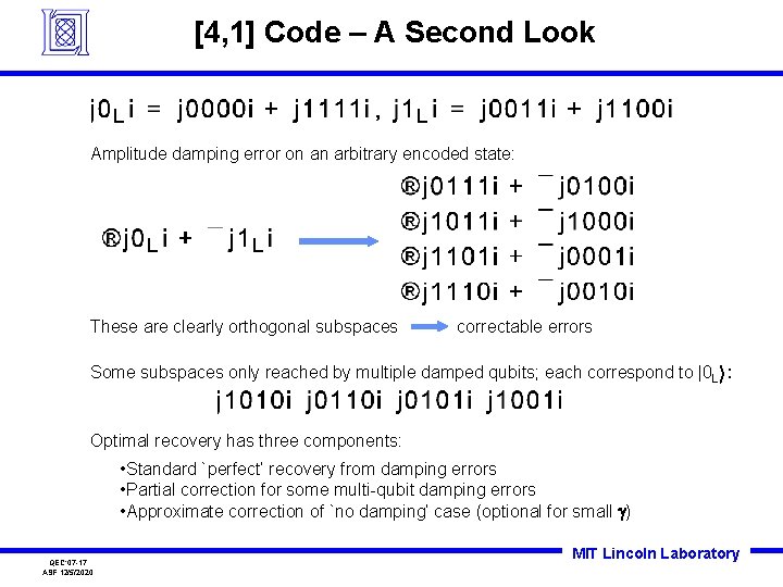 [4, 1] Code – A Second Look Amplitude damping error on an arbitrary encoded