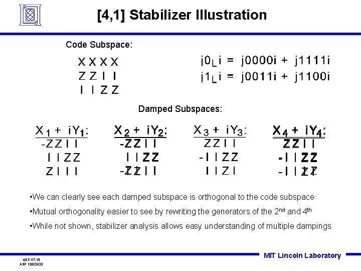 [4, 1] Stabilizer Illustration Code Subspace: Damped Subspaces: • We can clearly see each