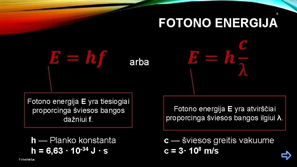 4 FOTONO ENERGIJA arba Fotono energija E yra tiesiogiai proporcinga šviesos bangos dažniui f.