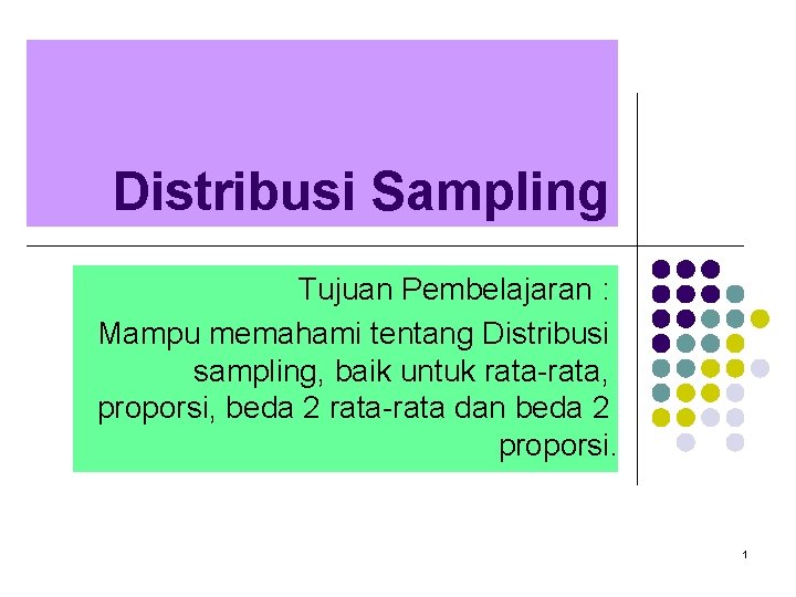 Distribusi Sampling Tujuan Pembelajaran : Mampu memahami tentang Distribusi sampling, baik untuk rata-rata, proporsi,