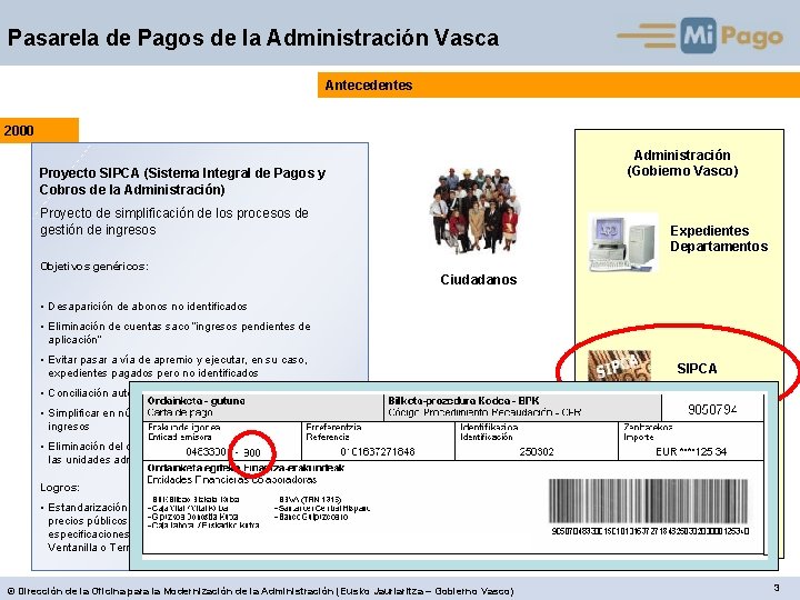 Pasarela de Pagos de la Administración Vasca Antecedentes 2000 Administración (Gobierno Vasco) Proyecto SIPCA