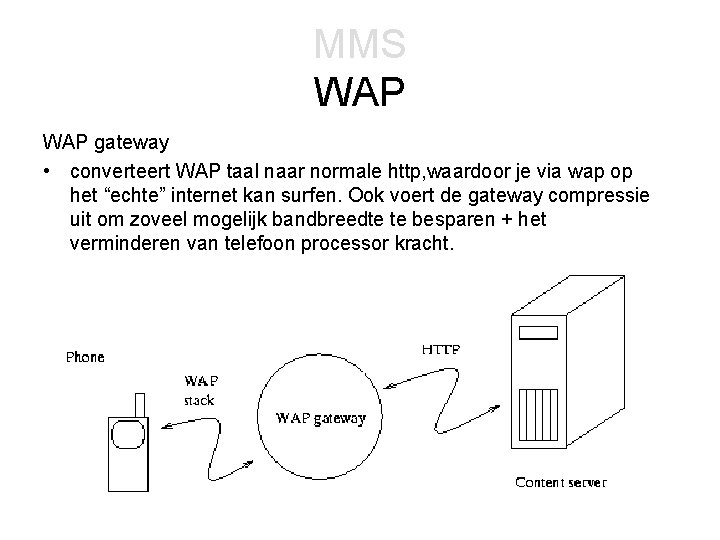 MMS WAP gateway • converteert WAP taal naar normale http, waardoor je via wap