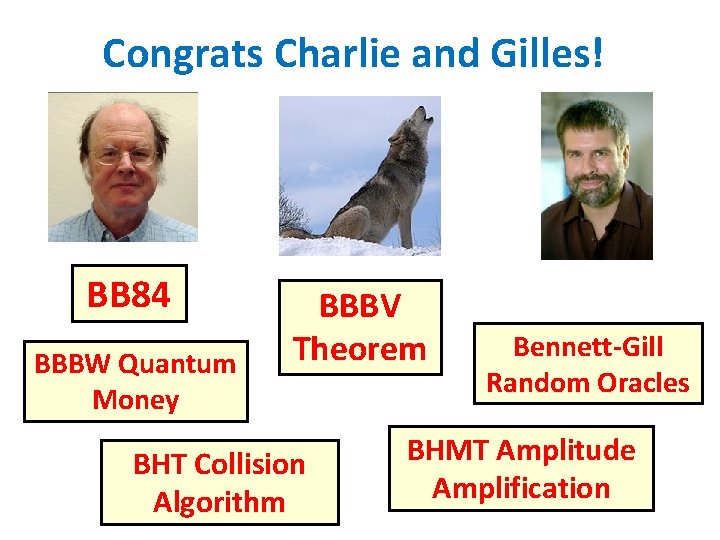 Congrats Charlie and Gilles! BB 84 BBBW Quantum Money BBBV Theorem BHT Collision Algorithm