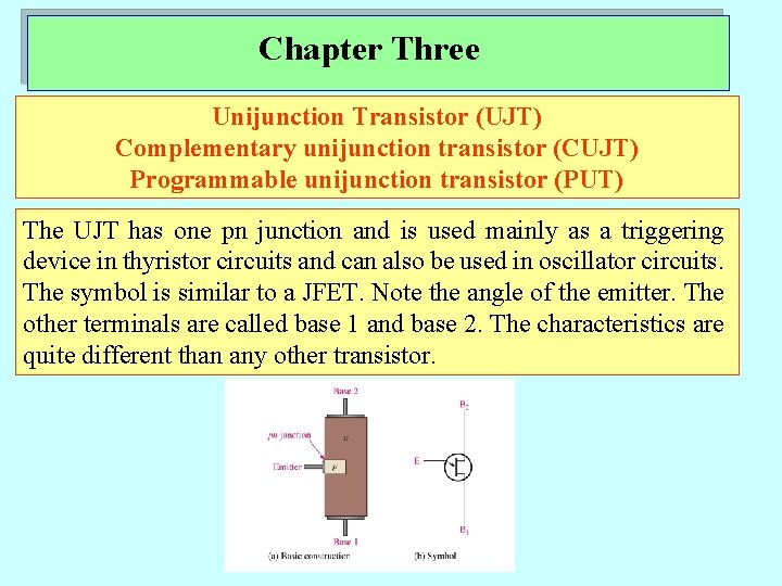 Chapter Three Unijunction Transistor (UJT) Complementary unijunction transistor (CUJT) Programmable unijunction transistor (PUT) The