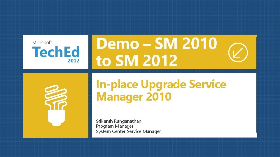Demo – SM 2010 to SM 2012 In-place Upgrade Service Manager 2010 Srikanth Ranganathan