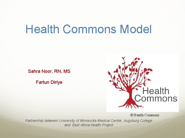 Health Commons Model Sahra Noor, RN, MS Fartun Diriye © Health Commons Partnership between