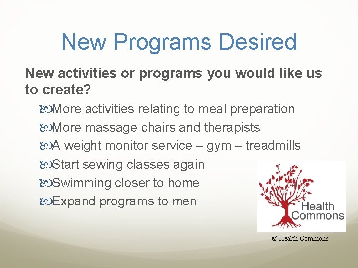 New Programs Desired New activities or programs you would like us to create? More