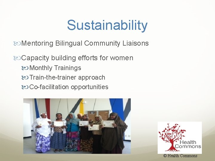 Sustainability Mentoring Bilingual Community Liaisons Capacity building efforts for women Monthly Trainings Train-the-trainer approach