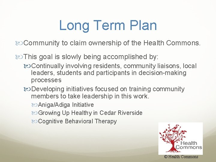 Long Term Plan Community to claim ownership of the Health Commons. This goal is