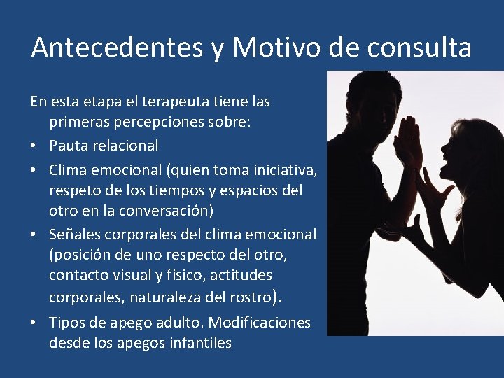 Antecedentes y Motivo de consulta En esta etapa el terapeuta tiene las primeras percepciones
