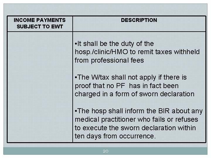 INCOME PAYMENTS SUBJECT TO EWT DESCRIPTION • It shall be the duty of the INCOME PAYMENTS SUBJECT TO EWT DESCRIPTION • It shall be the duty of the