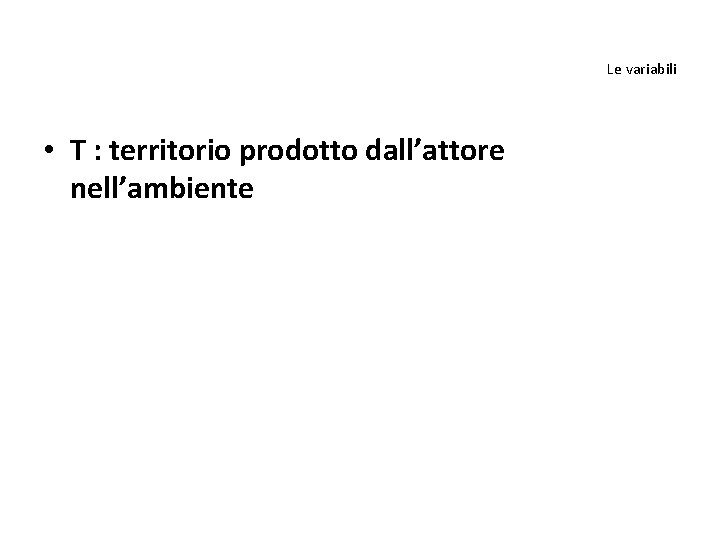 Le variabili • T : territorio prodotto dall’attore nell’ambiente 