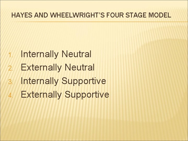 HAYES AND WHEELWRIGHT’S FOUR STAGE MODEL 1. 2. 3. 4. Internally Neutral Externally Neutral