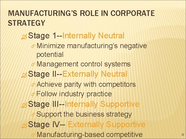 MANUFACTURING’S ROLE IN CORPORATE STRATEGY Stage 1 --Internally Neutral Minimize manufacturing’s negative potential Management