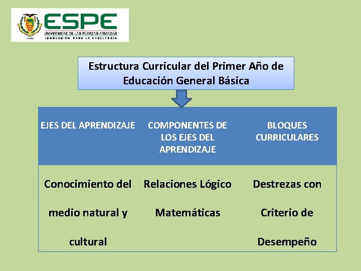 Estructura Curricular del Primer Año de Educación General Básica EJES DEL APRENDIZAJE COMPONENTES DE