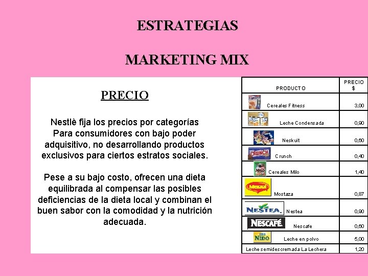 ESTRATEGIAS MARKETING MIX PRECIO Nestlè fija los precios por categorías Para consumidores con bajo