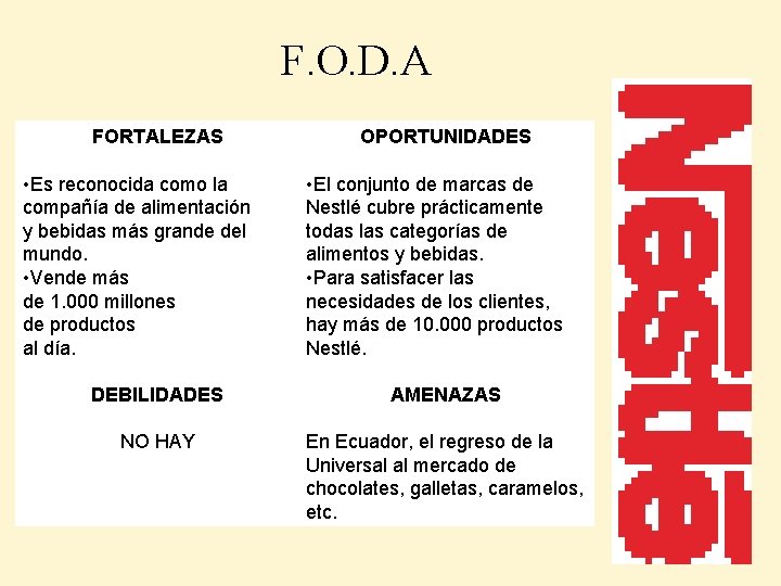 F. O. D. A FORTALEZAS • Es reconocida como la compañía de alimentación y