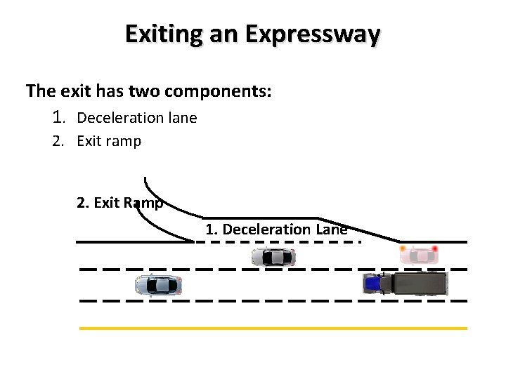 Exiting an Expressway The exit has two components: 1. Deceleration lane 2. Exit ramp