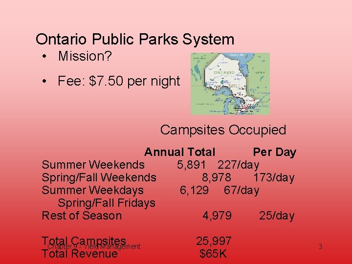 Ontario Public Parks System • Mission? • Fee: $7. 50 per night Campsites Occupied