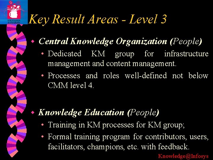 Key Result Areas - Level 3 w Central Knowledge Organization (People) • Dedicated KM