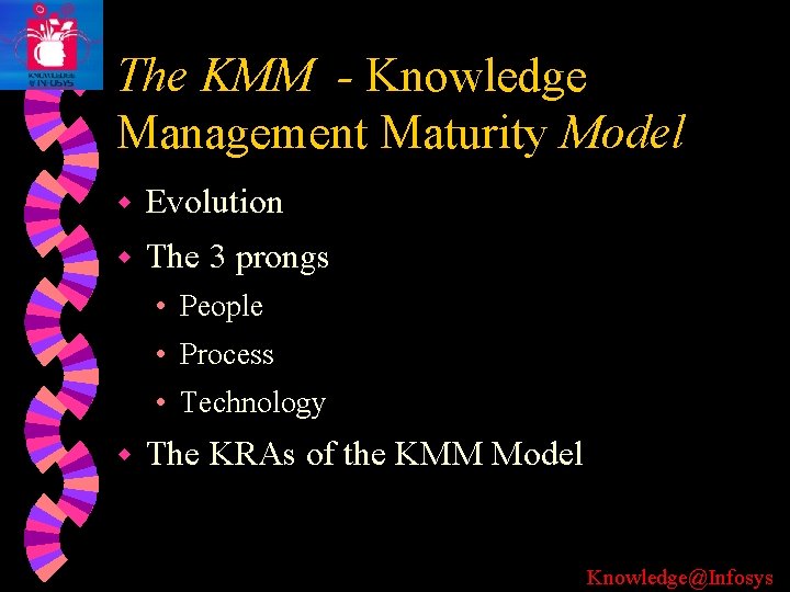 The KMM - Knowledge Management Maturity Model w Evolution w The 3 prongs •