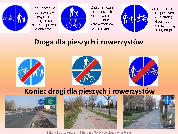 Znak nakazuje ruch rowerów lewą stroną drogi, ruch pieszych prawą stroną drogi. Znak nakazuje