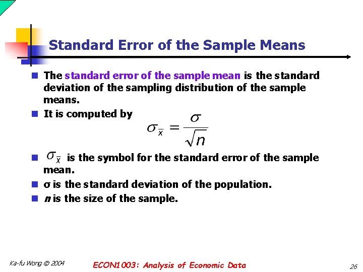 Standard Error of the Sample Means n The standard error of the sample mean