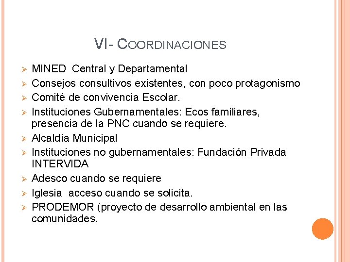 VI- COORDINACIONES Ø Ø Ø Ø Ø MINED Central y Departamental Consejos consultivos existentes,