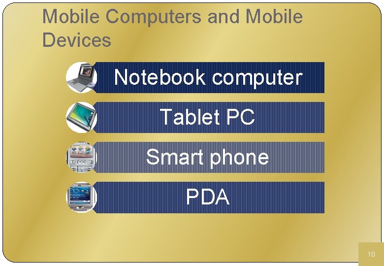 Mobile Computers and Mobile Devices Notebook computer Tablet PC Smart phone PDA 10 