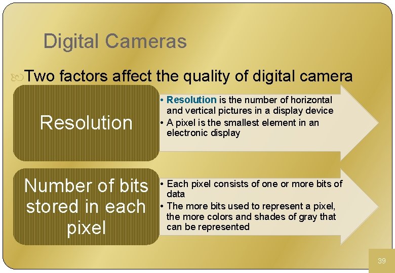 Digital Cameras Two factors affect the quality of digital camera photos: Resolution Number of