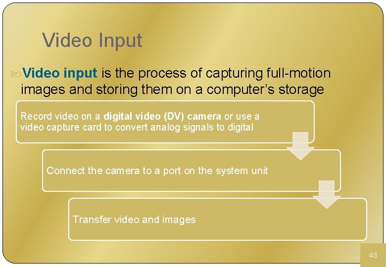 Video Input Video input is the process of capturing full-motion images and storing them