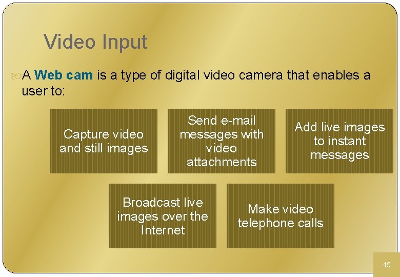 Video Input A Web cam is a type of digital video camera that enables