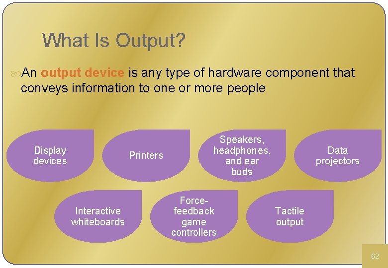 What Is Output? An output device is any type of hardware component that conveys