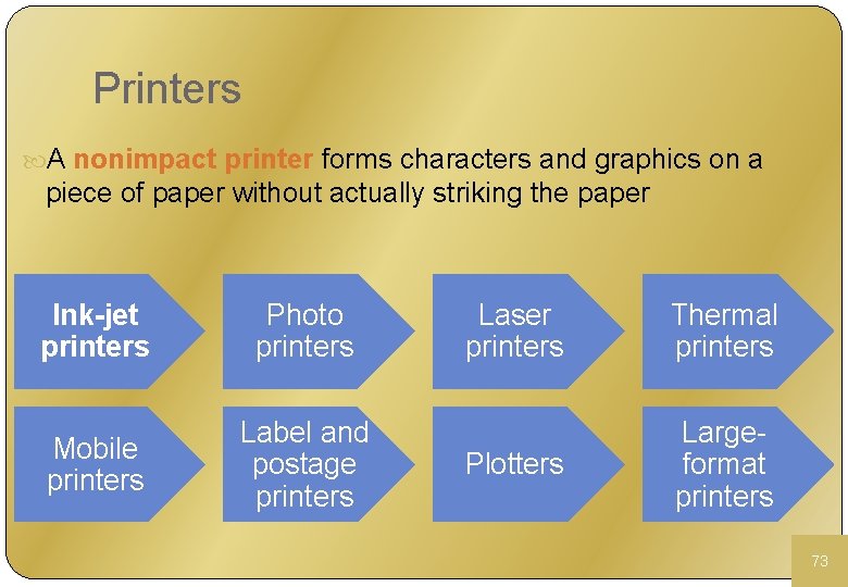 Printers A nonimpact printer forms characters and graphics on a piece of paper without