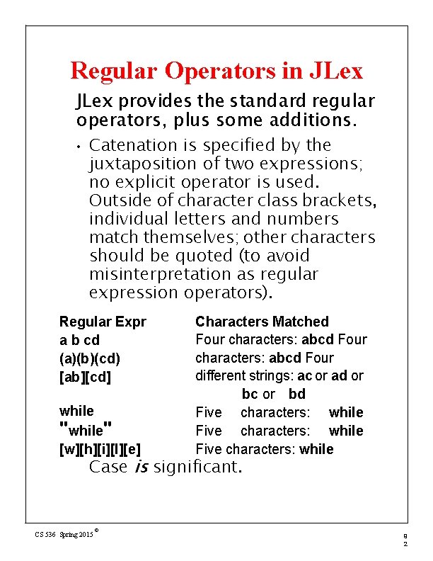 Regular Operators in JLex provides the standard regular operators, plus some additions. • Catenation