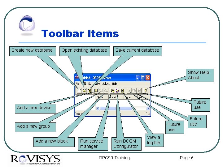 Toolbar Items Create new database Open existing database Save current database Show Help About