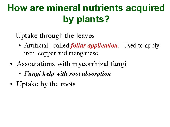 How are mineral nutrients acquired by plants? Uptake through the leaves • Artificial: called