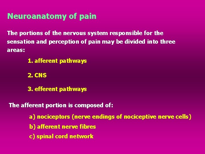Neuroanatomy of pain The portions of the nervous system responsible for the sensation and