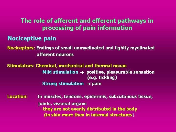 The role of afferent and efferent pathways in processing of pain information Nociceptive pain