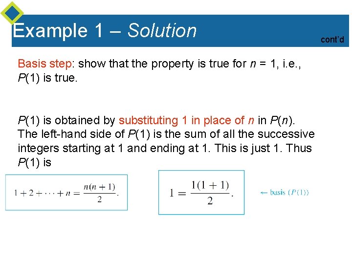 Example 1 – Solution Basis step: show that the property is true for n