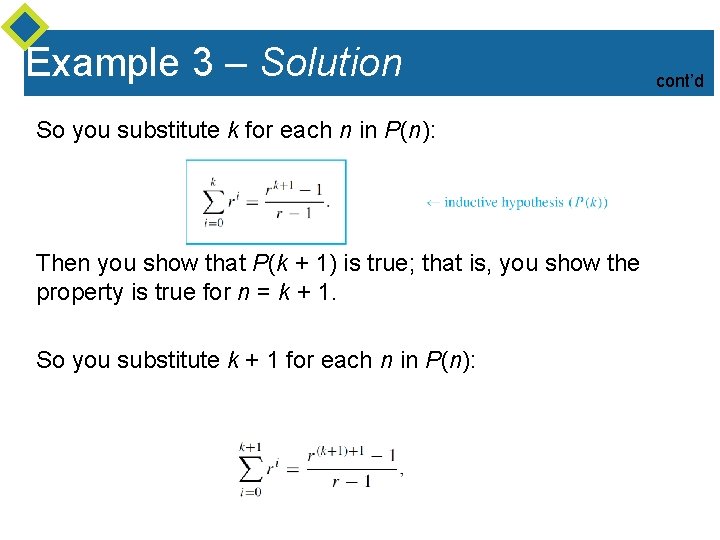 Example 3 – Solution So you substitute k for each n in P(n): Then