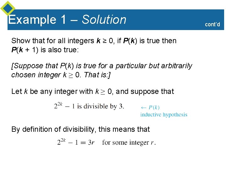 Example 1 – Solution Show that for all integers k ≥ 0, if P(k)