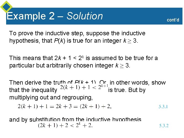 Example 2 – Solution To prove the inductive step, suppose the inductive hypothesis, that