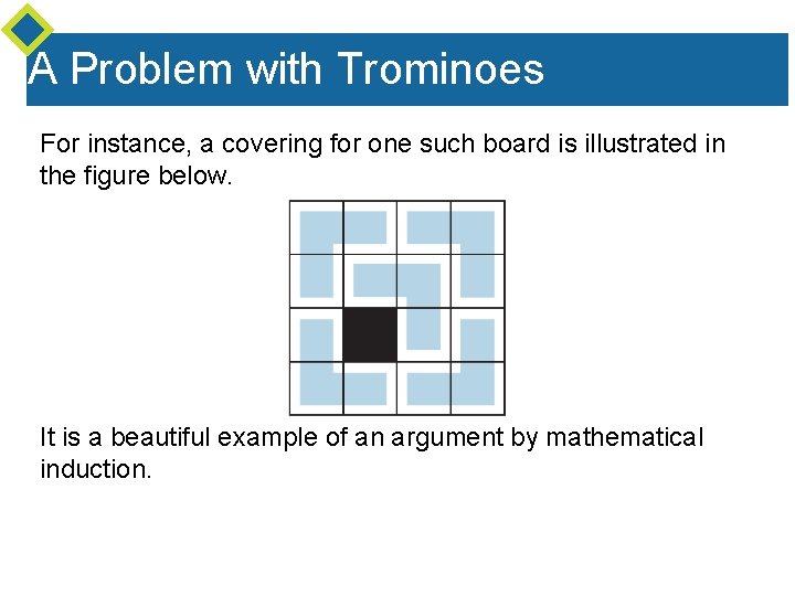 A Problem with Trominoes For instance, a covering for one such board is illustrated